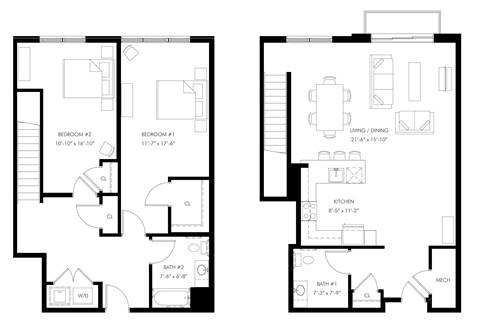 Floor plan for 2 beds, 1.5 baths, 1625 sqft